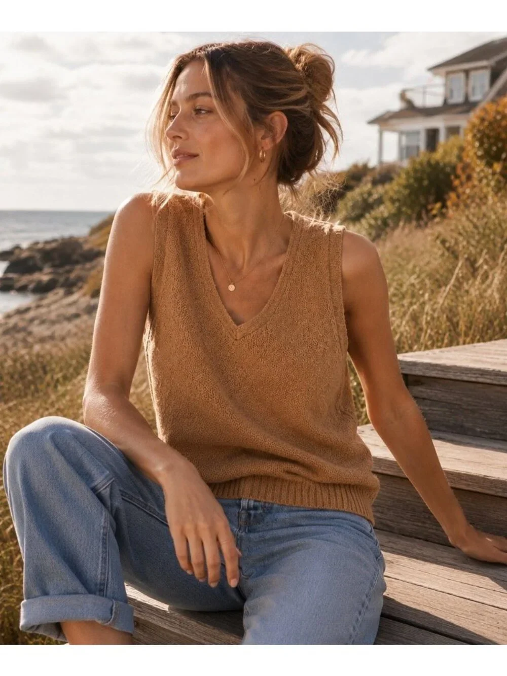 J Crew Womens Slub Sweater Shell XXS Warm Brandy Tan Cotton Minimalist Preppy
